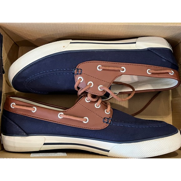 Polo Ralph Lauren Other - Polo Ralph Lauren Franz Mens Boat Shoes Navy Blue Brown Canvas Loafers Size 9D
